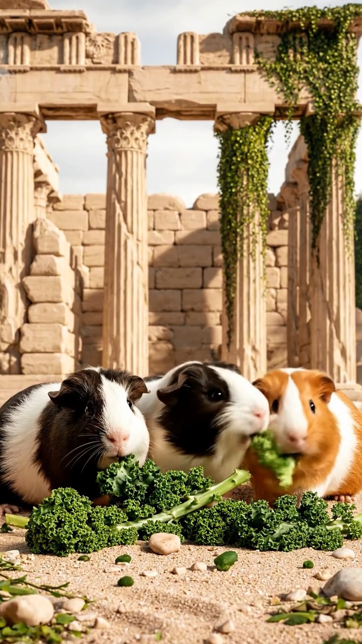 1356. Highly detailed view of 5 smooth-haired Texel guinea pigs with sable, white, and orange fur, chewing on kale stems, in a classical Greek temple ruin with columns.