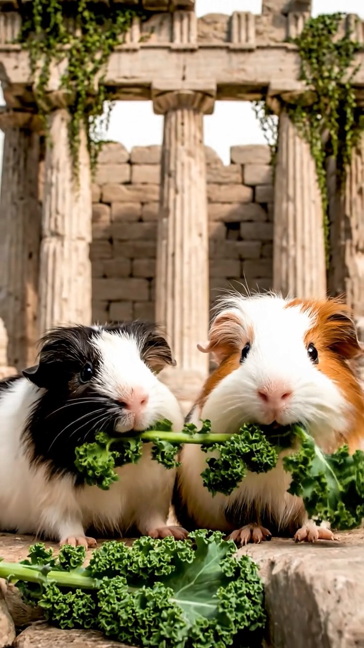 1356. Highly detailed view of 5 smooth-haired Texel guinea pigs with sable, white, and orange fur, chewing on kale stems, in a classical Greek temple ruin with columns.