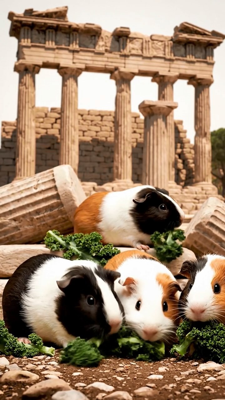 1356. Highly detailed view of 5 smooth-haired Texel guinea pigs with sable, white, and orange fur, chewing on kale stems, in a classical Greek temple ruin with columns.