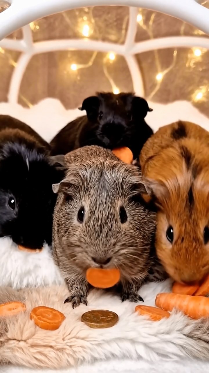 1357. Photorealistic scene of 4 smooth-haired Rex guinea pigs in gray, black, and brown colors, sharing carrot coins, inside a snow dome igloo with fur blankets.