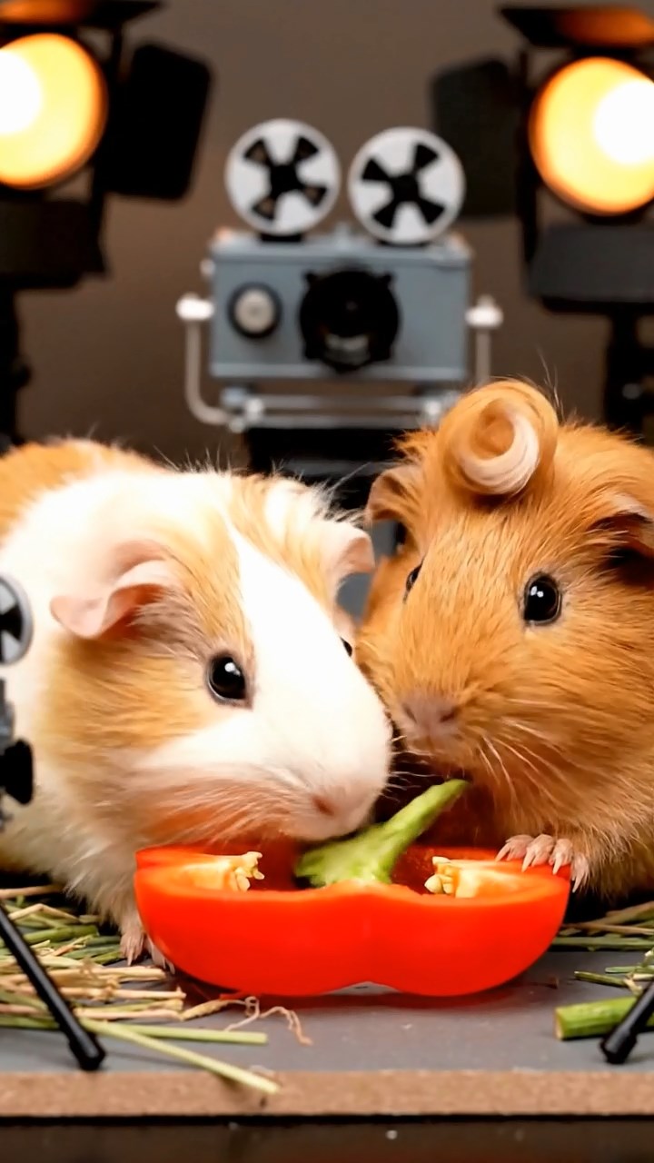 1358. Realistic depiction of 2 smooth-haired Coronet guinea pigs with cream and fawn fur, munching on bell pepper halves, on a vibrant film production set with cameras.
