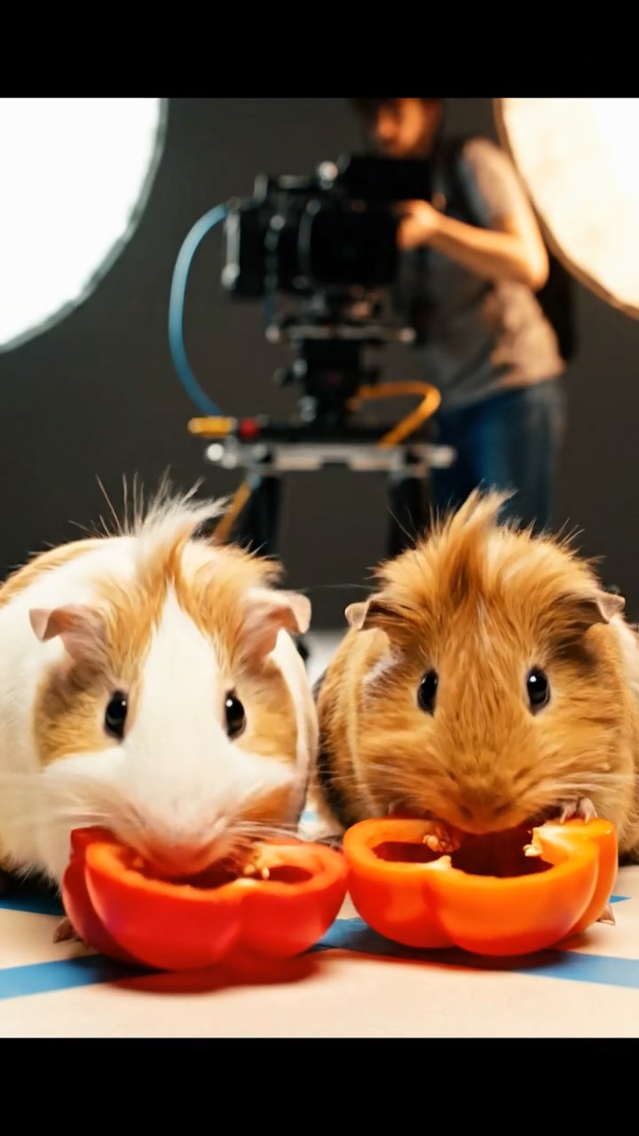 1358. Realistic depiction of 2 smooth-haired Coronet guinea pigs with cream and fawn fur, munching on bell pepper halves, on a vibrant film production set with cameras.
