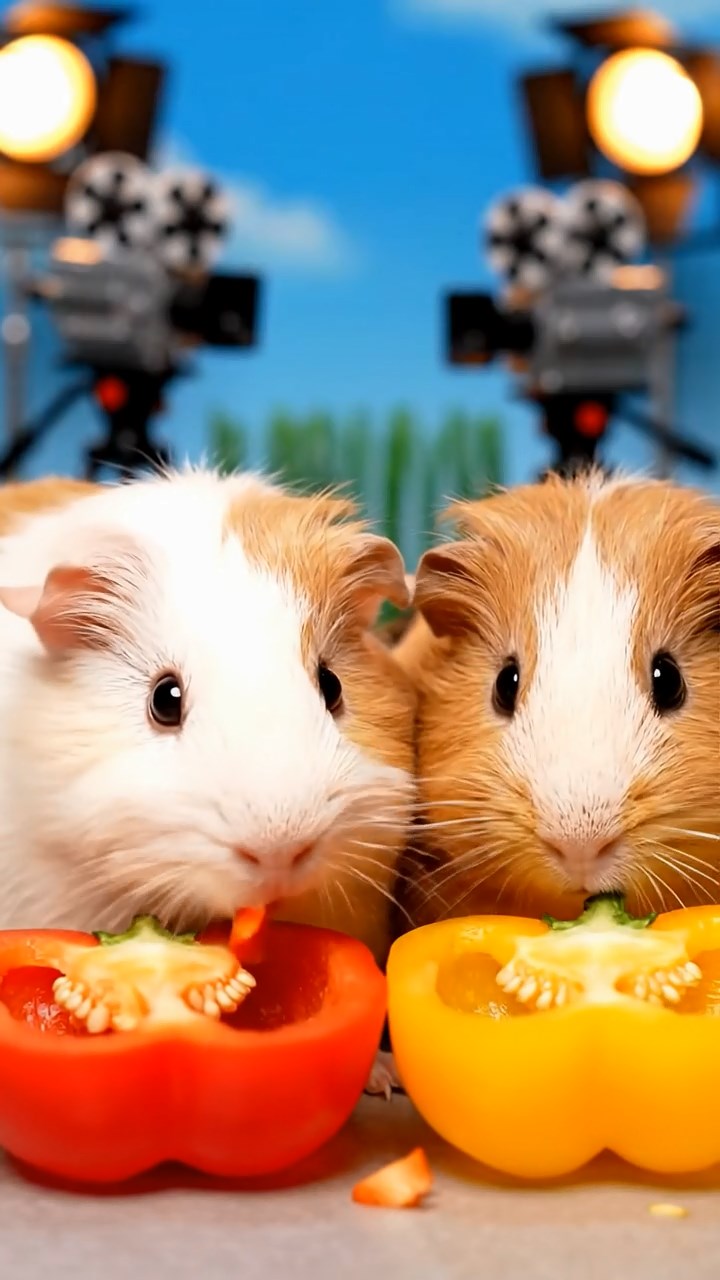 1358. Realistic depiction of 2 smooth-haired Coronet guinea pigs with cream and fawn fur, munching on bell pepper halves, on a vibrant film production set with cameras.