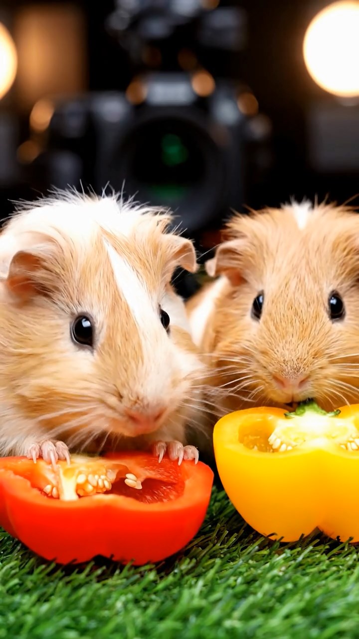 1358. Realistic depiction of 2 smooth-haired Coronet guinea pigs with cream and fawn fur, munching on bell pepper halves, on a vibrant film production set with cameras.