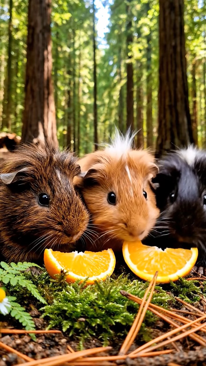 1359. Detailed photo of 3 smooth-haired White Crested guinea pigs featuring chocolate, cinnamon, and sable coats, eating orange wedges, in a towering redwood forest floor.