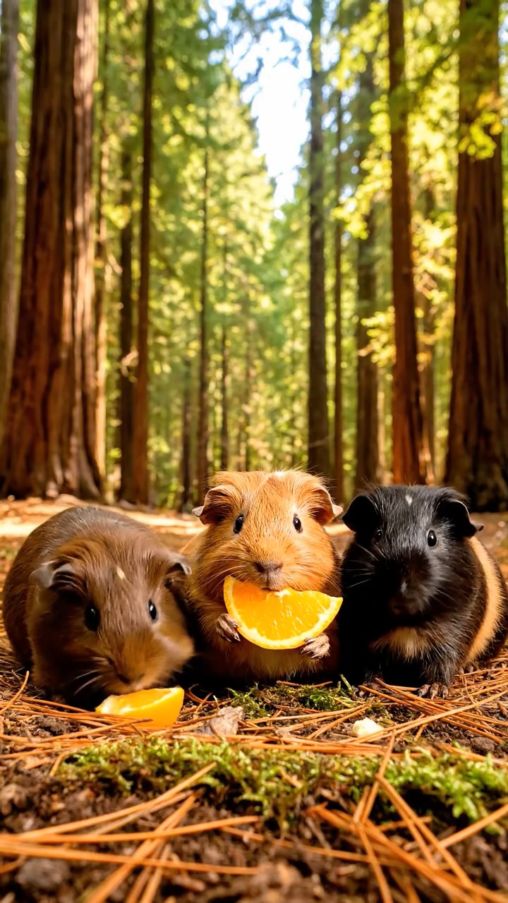 1359. Detailed photo of 3 smooth-haired White Crested guinea pigs featuring chocolate, cinnamon, and sable coats, eating orange wedges, in a towering redwood forest floor.