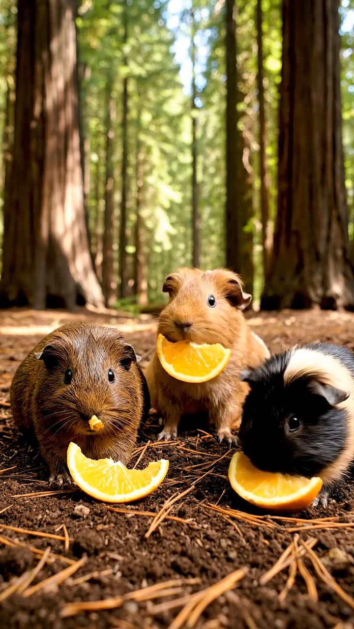 1359. Detailed photo of 3 smooth-haired White Crested guinea pigs featuring chocolate, cinnamon, and sable coats, eating orange wedges, in a towering redwood forest floor.