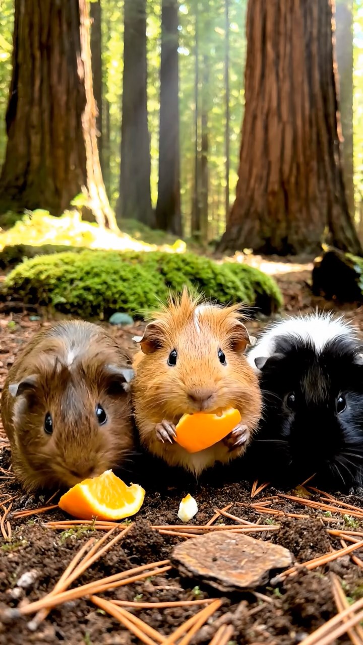 1359. Detailed photo of 3 smooth-haired White Crested guinea pigs featuring chocolate, cinnamon, and sable coats, eating orange wedges, in a towering redwood forest floor.
