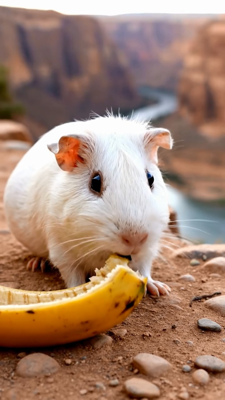 1360. Photorealistic image of 1 smooth-haired Skinny guinea pig with white fur, nibbling on banana skins, along a canyon hiking path with river below.