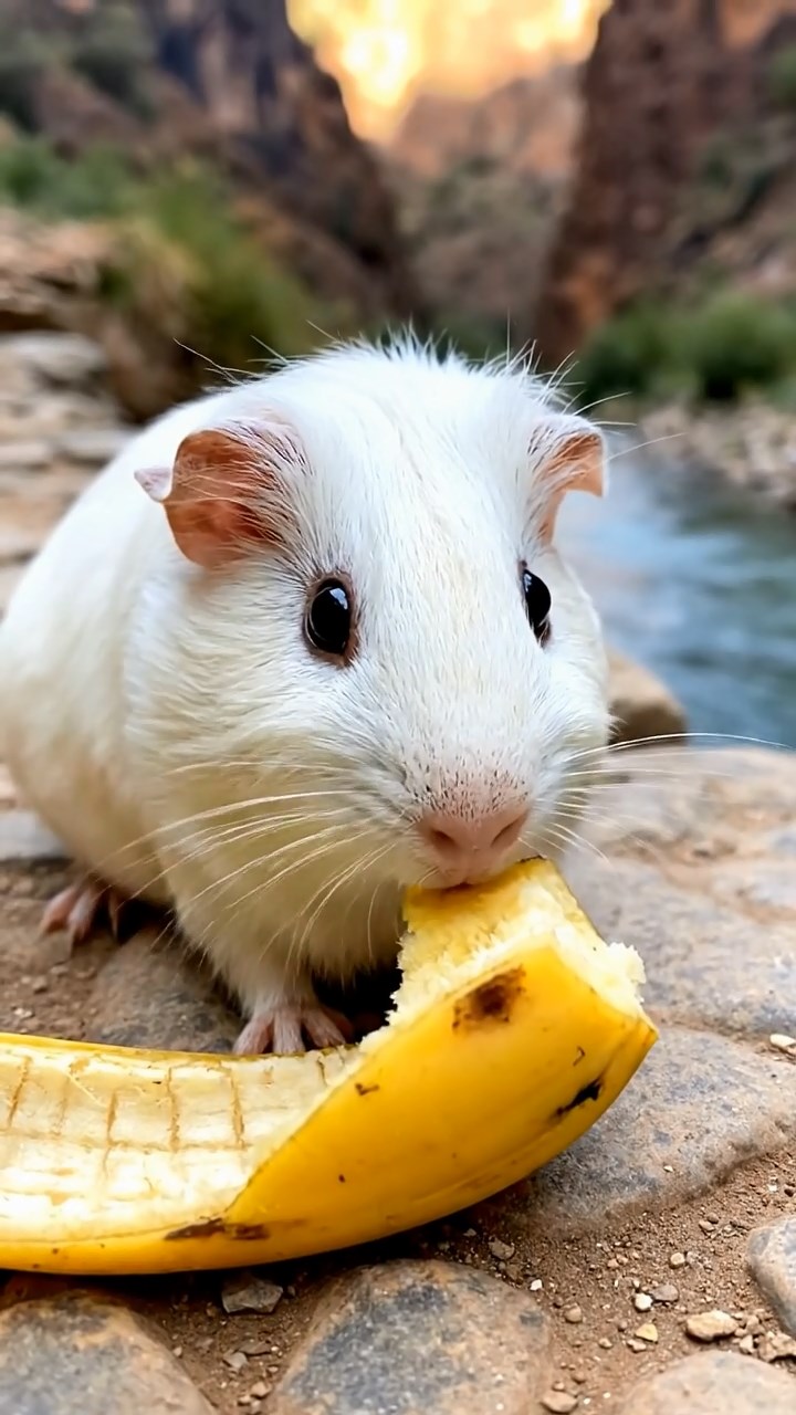 1360. Photorealistic image of 1 smooth-haired Skinny guinea pig with white fur, nibbling on banana skins, along a canyon hiking path with river below.
