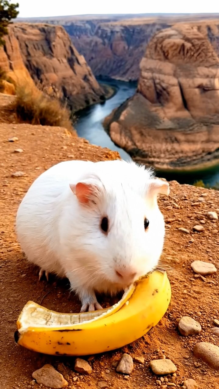 1360. Photorealistic image of 1 smooth-haired Skinny guinea pig with white fur, nibbling on banana skins, along a canyon hiking path with river below.