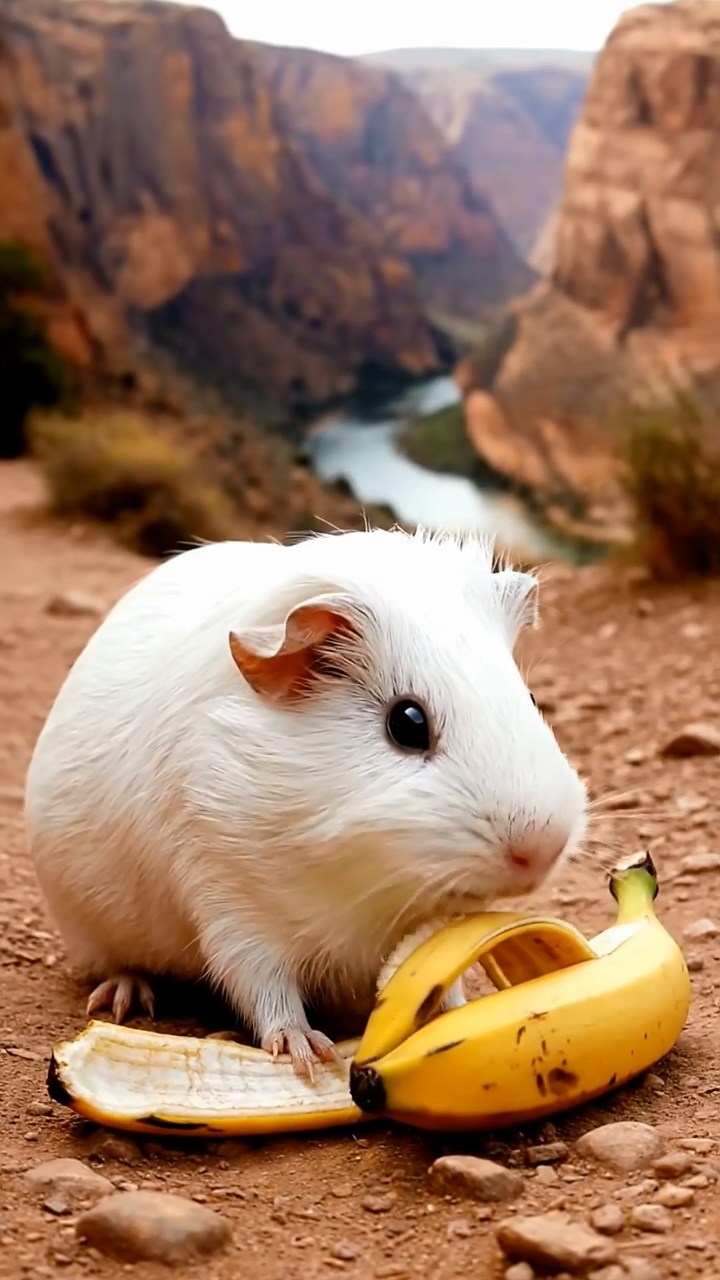1360. Photorealistic image of 1 smooth-haired Skinny guinea pig with white fur, nibbling on banana skins, along a canyon hiking path with river below.