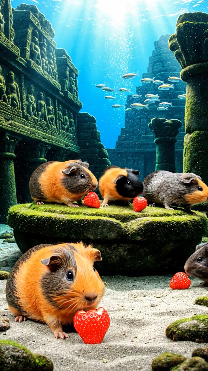 1361. Realistic scene of 4 smooth-haired American guinea pigs with orange, gray, and black fur, chewing on strawberry hulls, in a ancient underwater civilization with ruins.