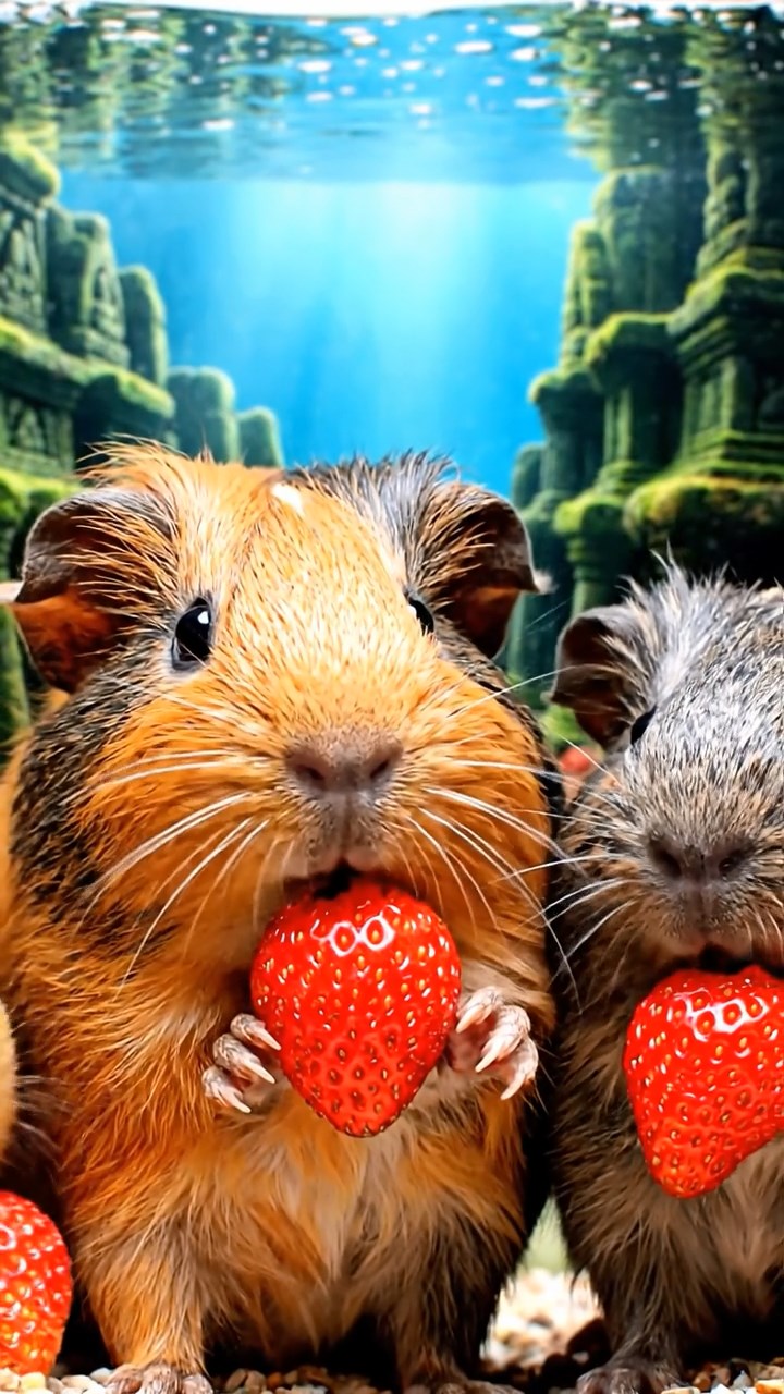 1361. Realistic scene of 4 smooth-haired American guinea pigs with orange, gray, and black fur, chewing on strawberry hulls, in a ancient underwater civilization with ruins.