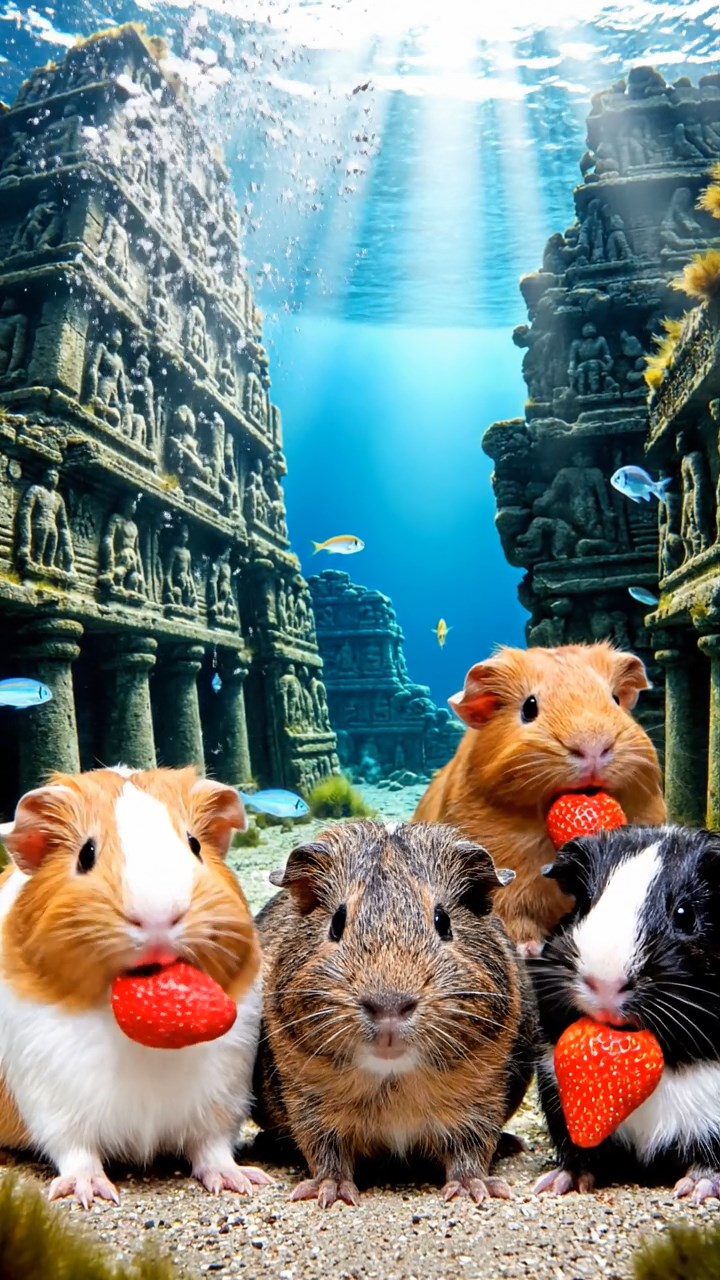1361. Realistic scene of 4 smooth-haired American guinea pigs with orange, gray, and black fur, chewing on strawberry hulls, in a ancient underwater civilization with ruins.