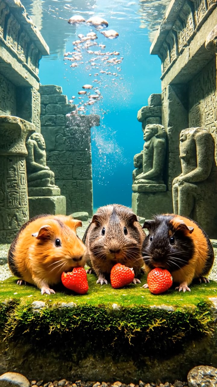 1361. Realistic scene of 4 smooth-haired American guinea pigs with orange, gray, and black fur, chewing on strawberry hulls, in a ancient underwater civilization with ruins.