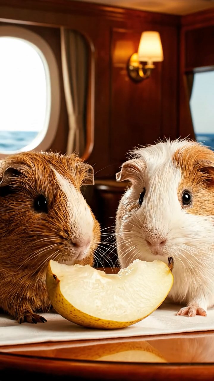 1362. Highly detailed view of 2 smooth-haired Abyssinian guinea pigs in brown and cream colors, sharing pear wedges, inside a lavish ocean liner stateroom with waves.