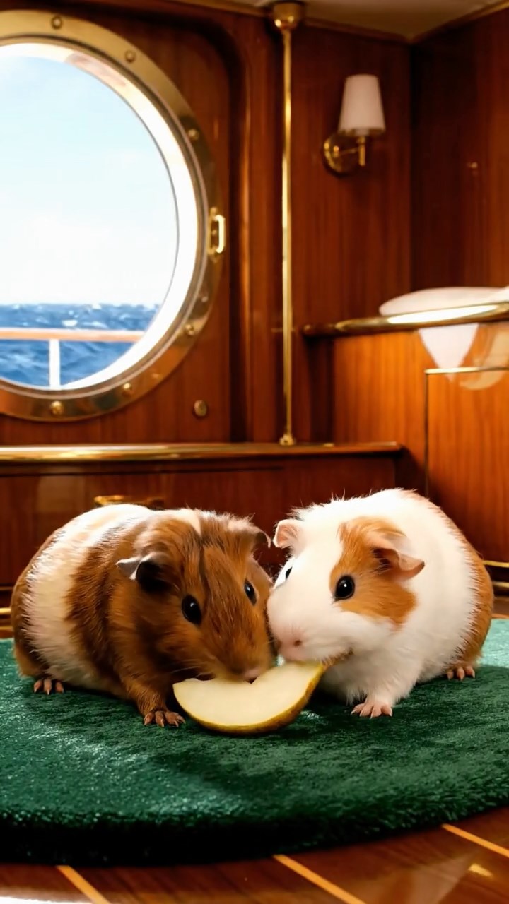 1362. Highly detailed view of 2 smooth-haired Abyssinian guinea pigs in brown and cream colors, sharing pear wedges, inside a lavish ocean liner stateroom with waves.