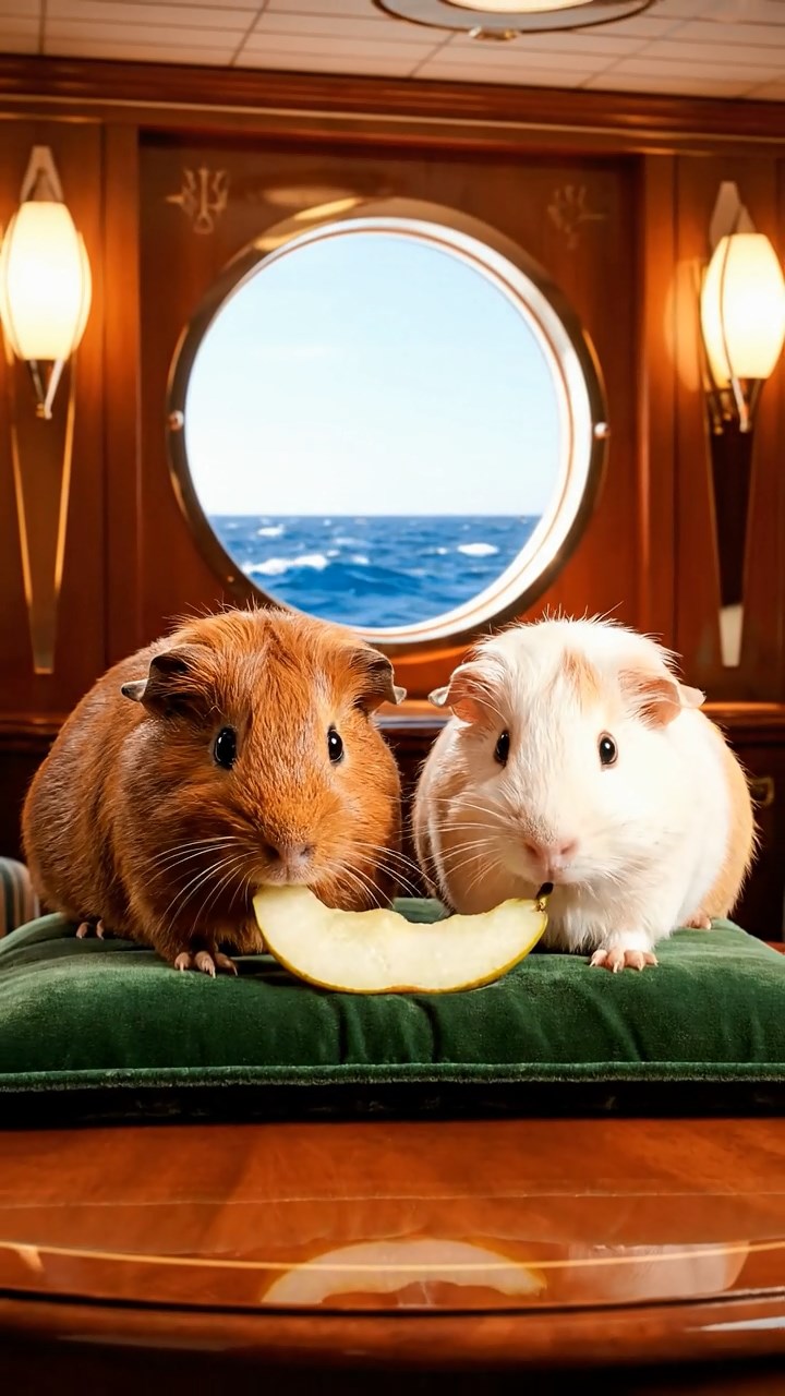 1362. Highly detailed view of 2 smooth-haired Abyssinian guinea pigs in brown and cream colors, sharing pear wedges, inside a lavish ocean liner stateroom with waves.