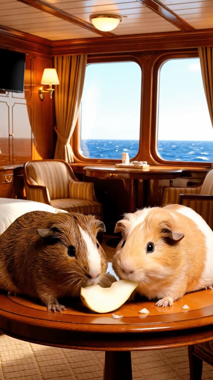 1362. Highly detailed view of 2 smooth-haired Abyssinian guinea pigs in brown and cream colors, sharing pear wedges, inside a lavish ocean liner stateroom with waves.