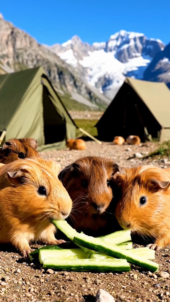 1363. Photorealistic photo of 5 smooth-haired Peruvian guinea pigs with fawn, chocolate, and cinnamon fur, munching on cucumber sticks, at a mountain expedition camp with tents.