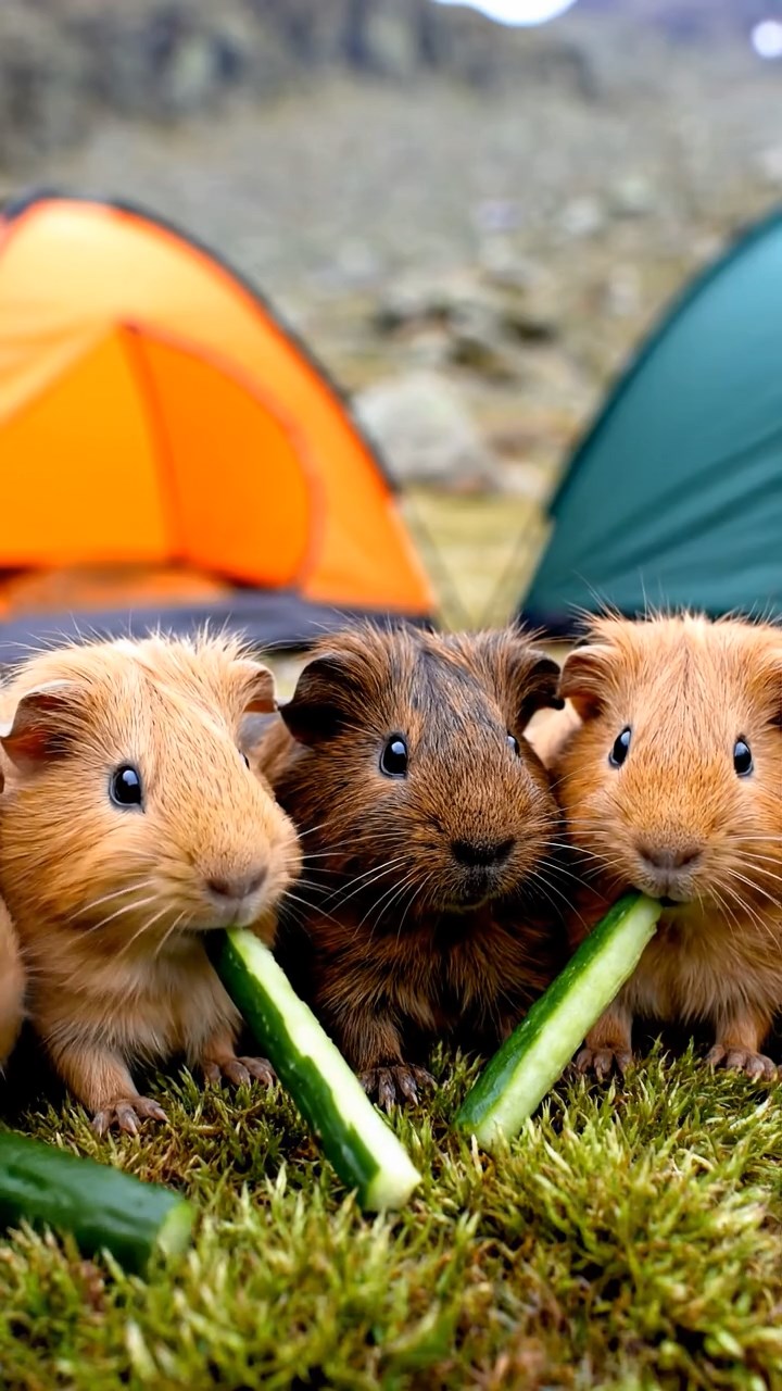 1363. Photorealistic photo of 5 smooth-haired Peruvian guinea pigs with fawn, chocolate, and cinnamon fur, munching on cucumber sticks, at a mountain expedition camp with tents.