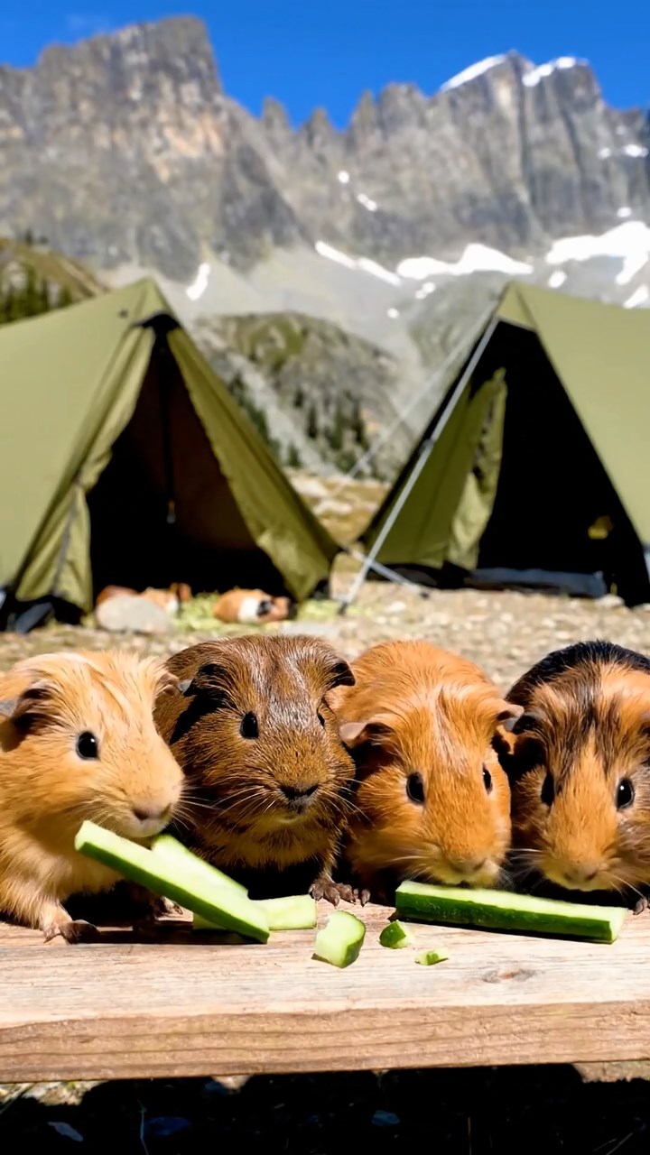 1363. Photorealistic photo of 5 smooth-haired Peruvian guinea pigs with fawn, chocolate, and cinnamon fur, munching on cucumber sticks, at a mountain expedition camp with tents.