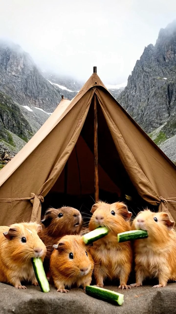 1363. Photorealistic photo of 5 smooth-haired Peruvian guinea pigs with fawn, chocolate, and cinnamon fur, munching on cucumber sticks, at a mountain expedition camp with tents.