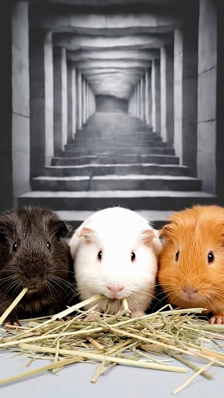1364. Realistic depiction of 3 smooth-haired Silkie guinea pigs with sable, white, and orange fur, eating timothy hay strands, in a mind-bending illusion gallery with tricks.