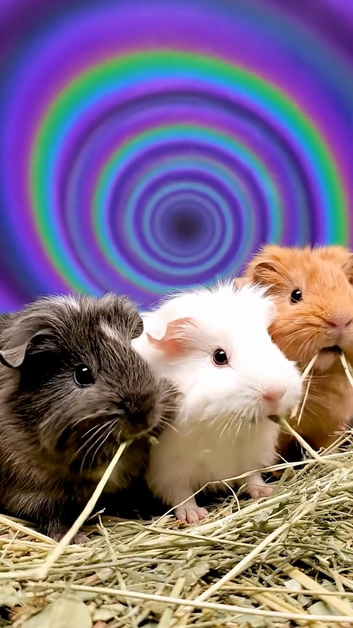 1364. Realistic depiction of 3 smooth-haired Silkie guinea pigs with sable, white, and orange fur, eating timothy hay strands, in a mind-bending illusion gallery with tricks.
