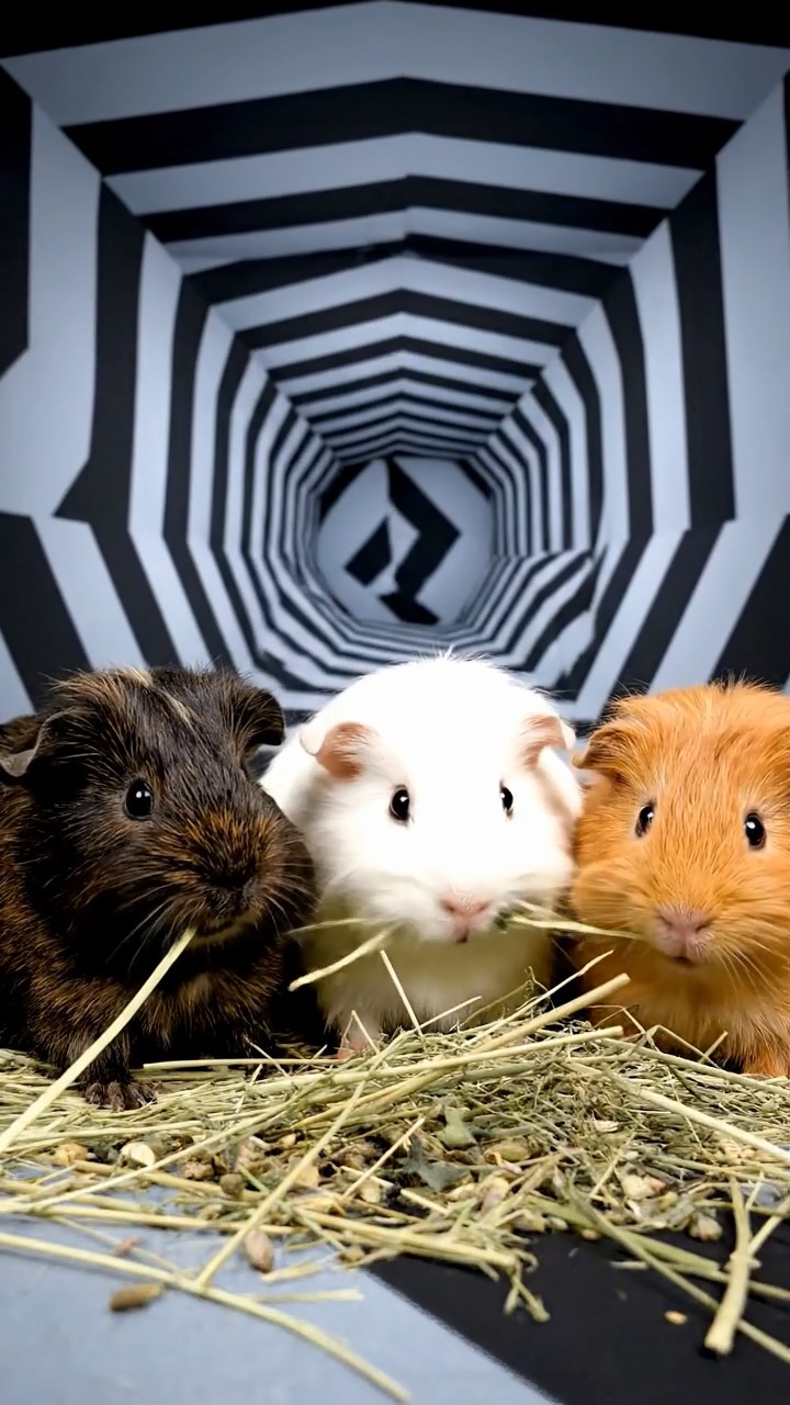 1364. Realistic depiction of 3 smooth-haired Silkie guinea pigs with sable, white, and orange fur, eating timothy hay strands, in a mind-bending illusion gallery with tricks.
