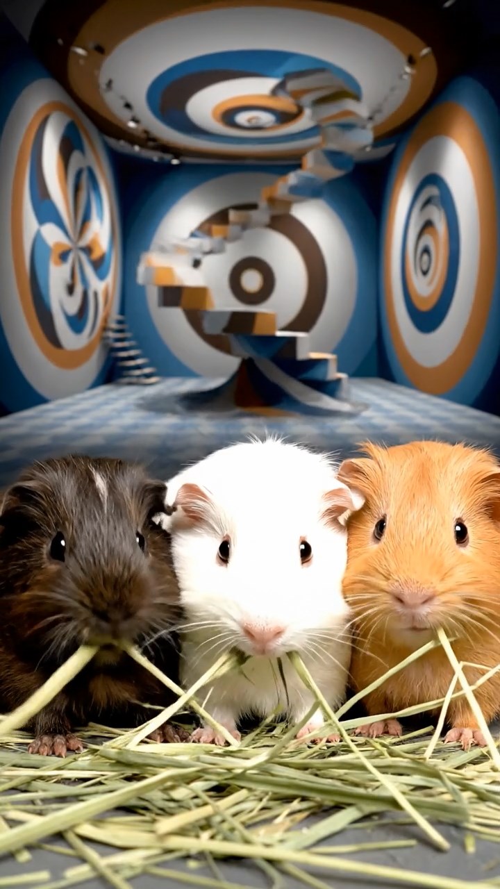 1364. Realistic depiction of 3 smooth-haired Silkie guinea pigs with sable, white, and orange fur, eating timothy hay strands, in a mind-bending illusion gallery with tricks.