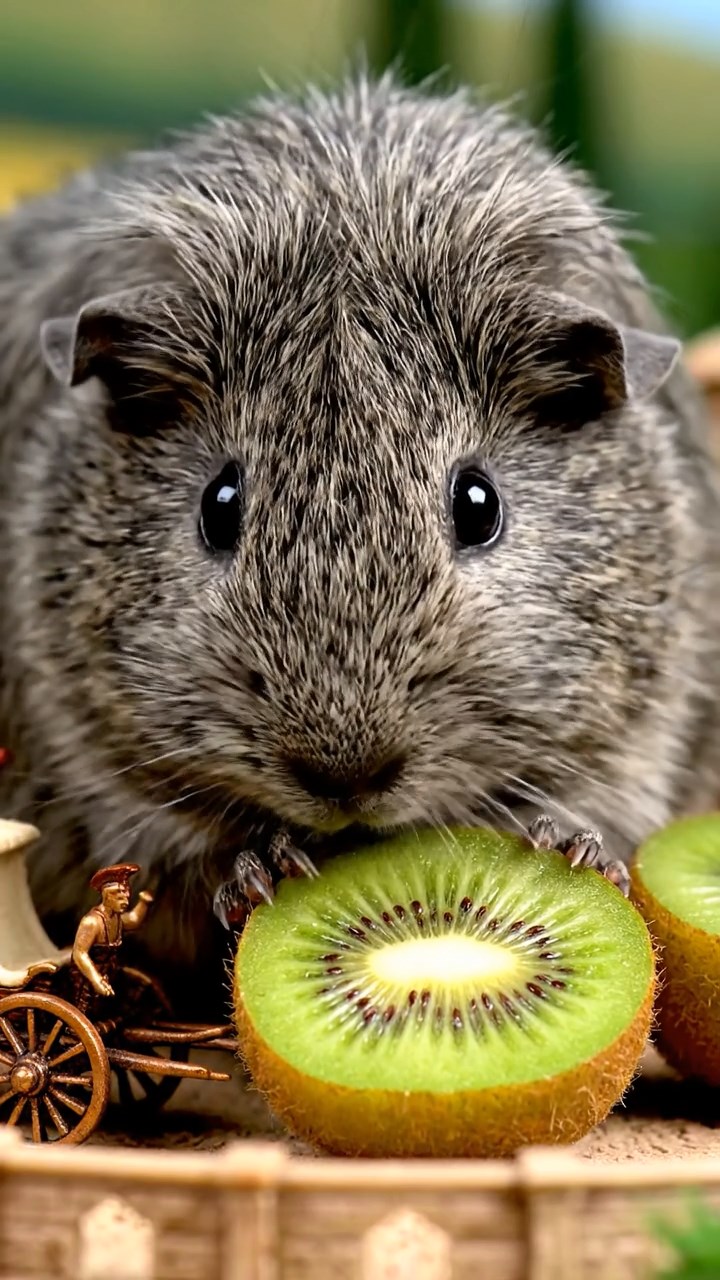 1365. Detailed image of 1 smooth-haired Teddy guinea pig with gray fur, nibbling on kiwi halves, on a ancient Roman racing circuit with chariots.