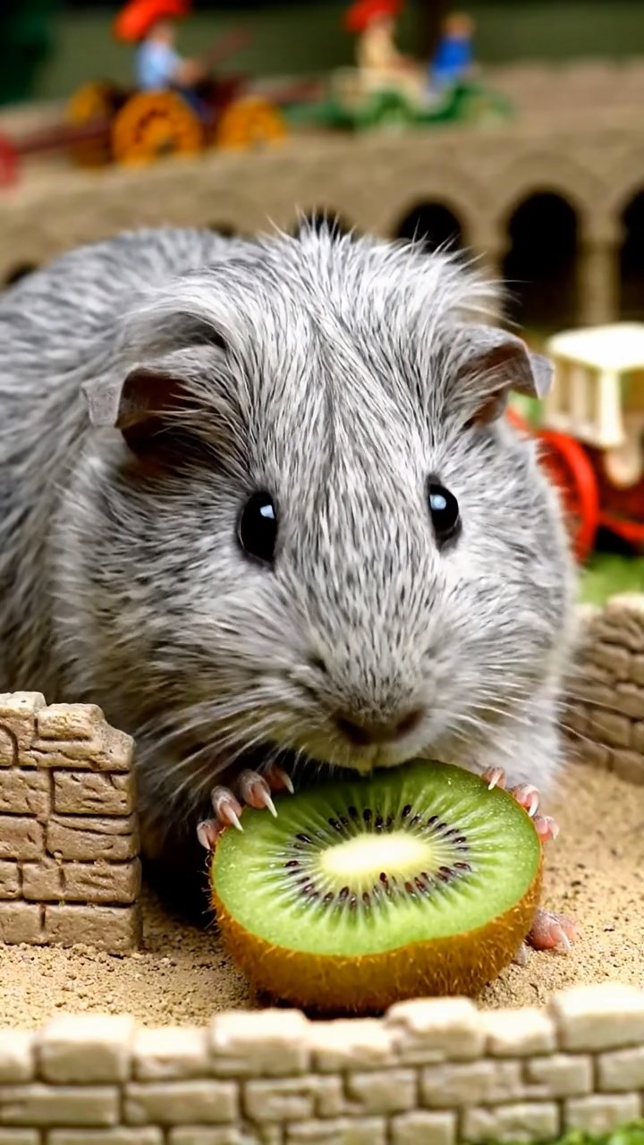 1365. Detailed image of 1 smooth-haired Teddy guinea pig with gray fur, nibbling on kiwi halves, on a ancient Roman racing circuit with chariots.