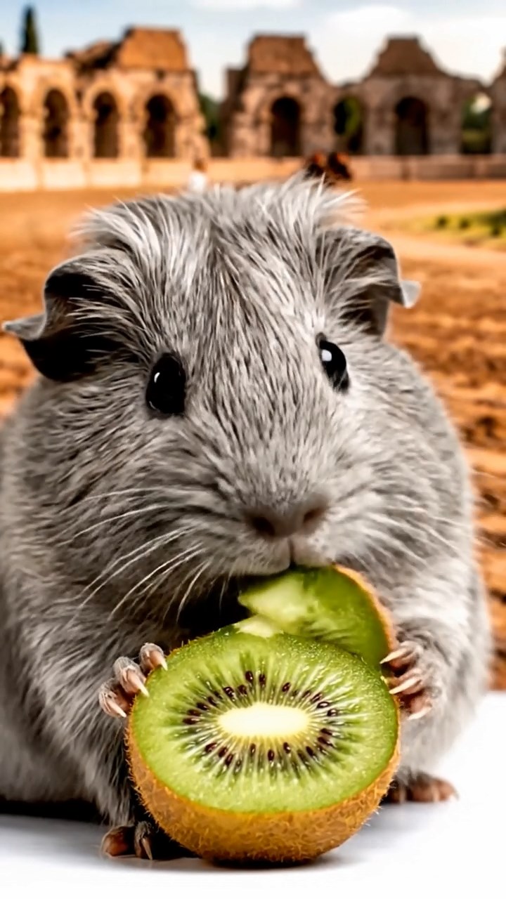 1365. Detailed image of 1 smooth-haired Teddy guinea pig with gray fur, nibbling on kiwi halves, on a ancient Roman racing circuit with chariots.