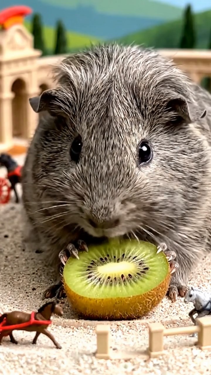 1365. Detailed image of 1 smooth-haired Teddy guinea pig with gray fur, nibbling on kiwi halves, on a ancient Roman racing circuit with chariots.