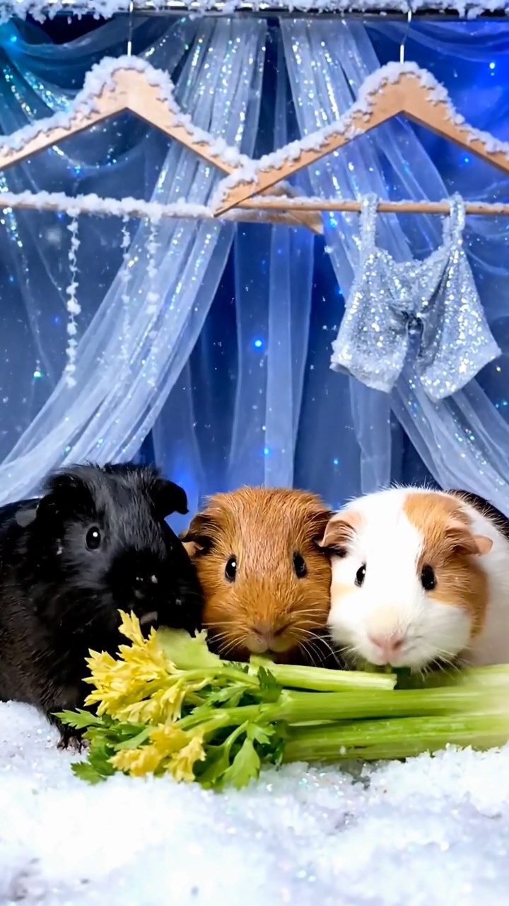 1366. Photorealistic scene of 4 smooth-haired Texel guinea pigs featuring black, brown, and cream coats, chewing on celery bunches, inside a enchanted winter wardrobe realm.