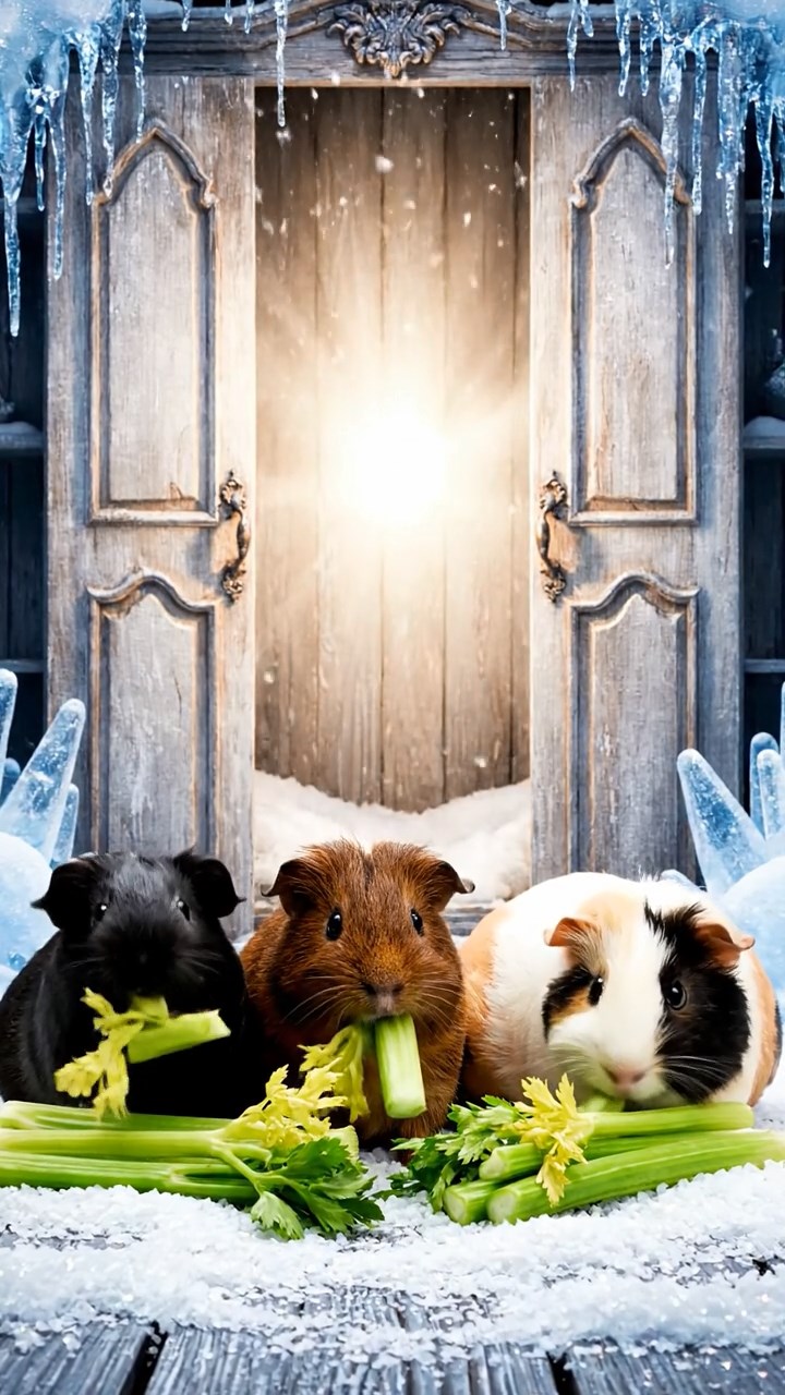 1366. Photorealistic scene of 4 smooth-haired Texel guinea pigs featuring black, brown, and cream coats, chewing on celery bunches, inside a enchanted winter wardrobe realm.
