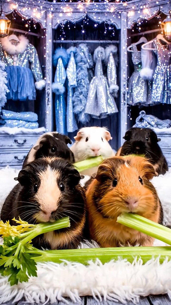 1366. Photorealistic scene of 4 smooth-haired Texel guinea pigs featuring black, brown, and cream coats, chewing on celery bunches, inside a enchanted winter wardrobe realm.