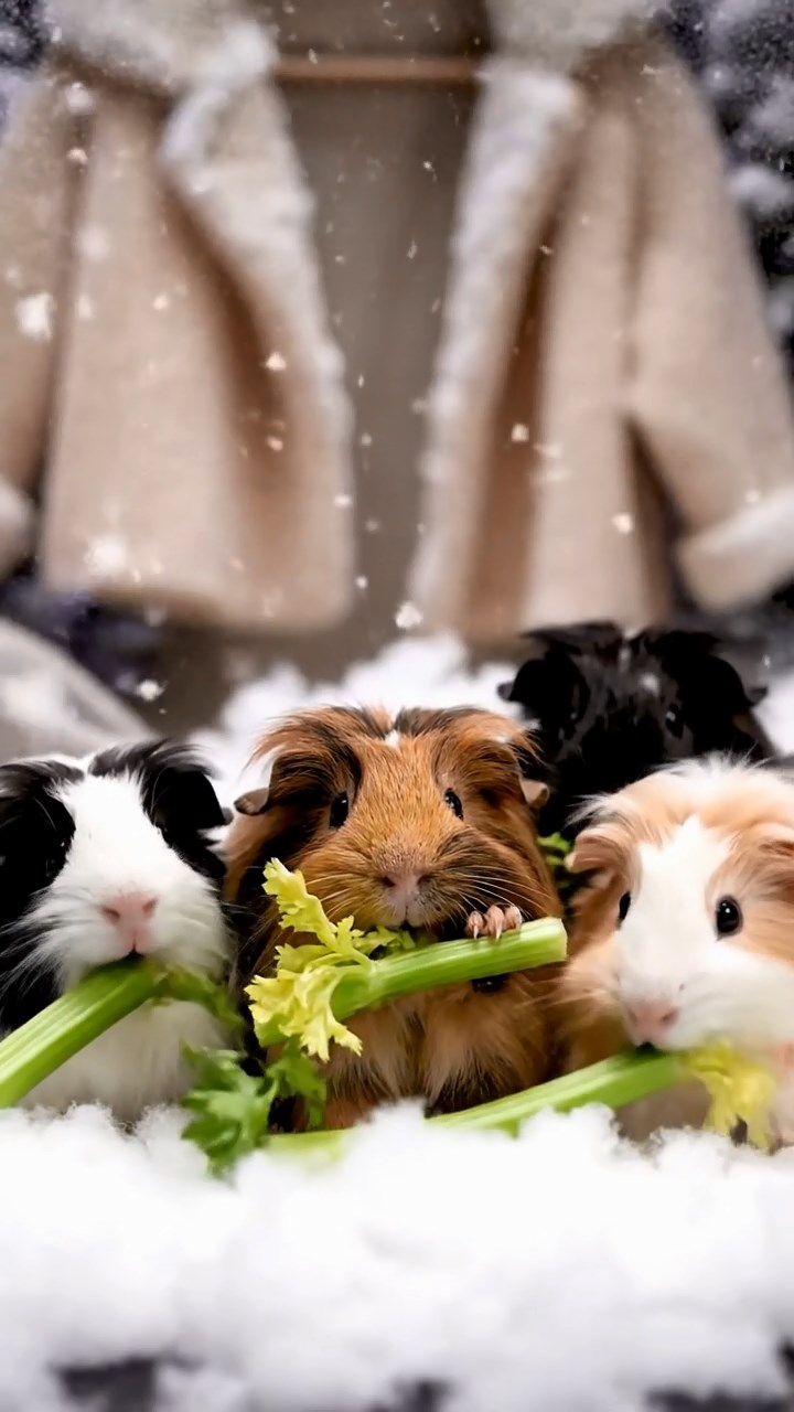 1366. Photorealistic scene of 4 smooth-haired Texel guinea pigs featuring black, brown, and cream coats, chewing on celery bunches, inside a enchanted winter wardrobe realm.