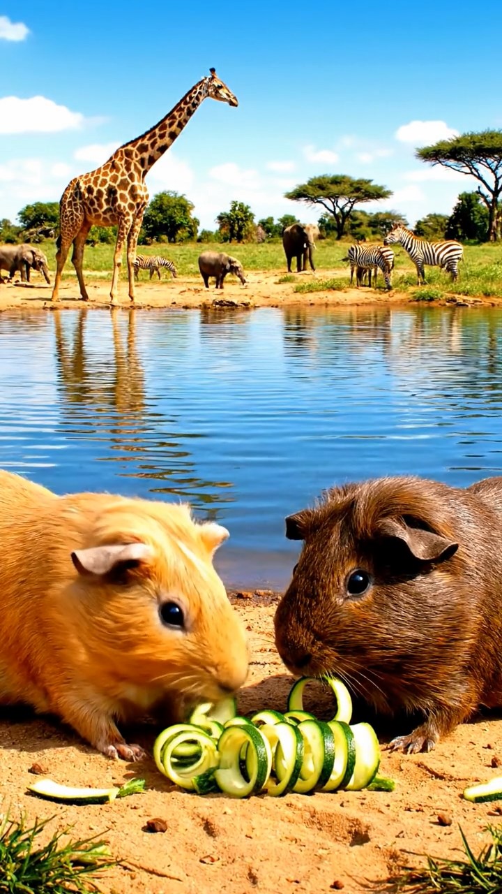 1367. Realistic photo of 2 smooth-haired Rex guinea pigs with fawn and chocolate fur, sharing zucchini spirals, by a African oasis pond with wildlife gathering.