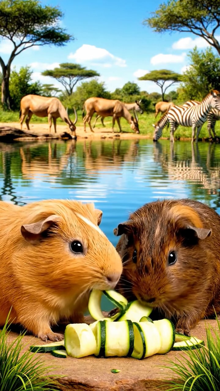 1367. Realistic photo of 2 smooth-haired Rex guinea pigs with fawn and chocolate fur, sharing zucchini spirals, by a African oasis pond with wildlife gathering.