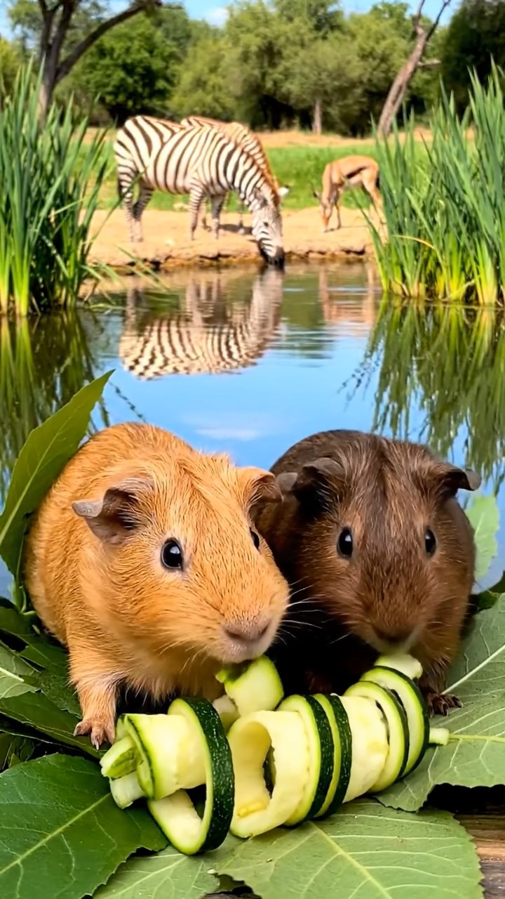 1367. Realistic photo of 2 smooth-haired Rex guinea pigs with fawn and chocolate fur, sharing zucchini spirals, by a African oasis pond with wildlife gathering.