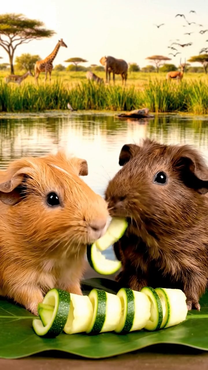 1367. Realistic photo of 2 smooth-haired Rex guinea pigs with fawn and chocolate fur, sharing zucchini spirals, by a African oasis pond with wildlife gathering.
