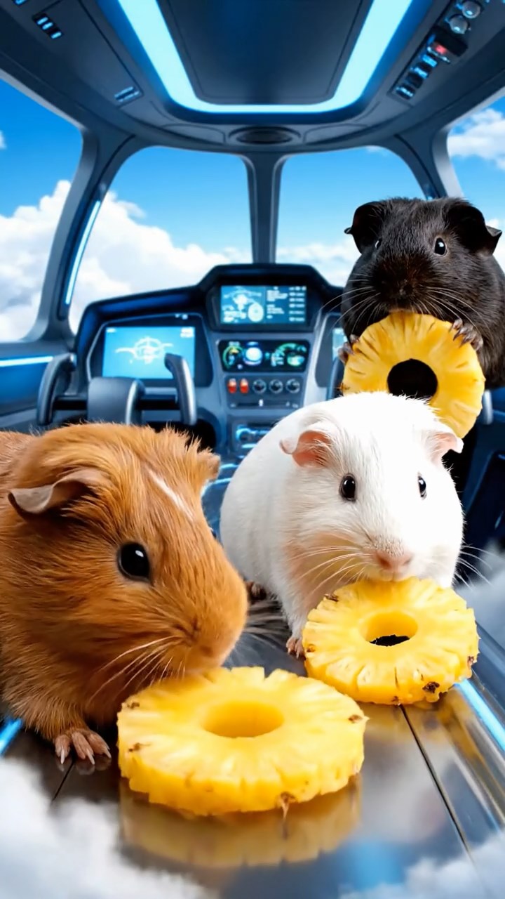1368. Highly detailed view of 3 smooth-haired Coronet guinea pigs in cinnamon, sable, and white colors, munching on pineapple rings, inside a airborne vehicle cockpit over clouds.