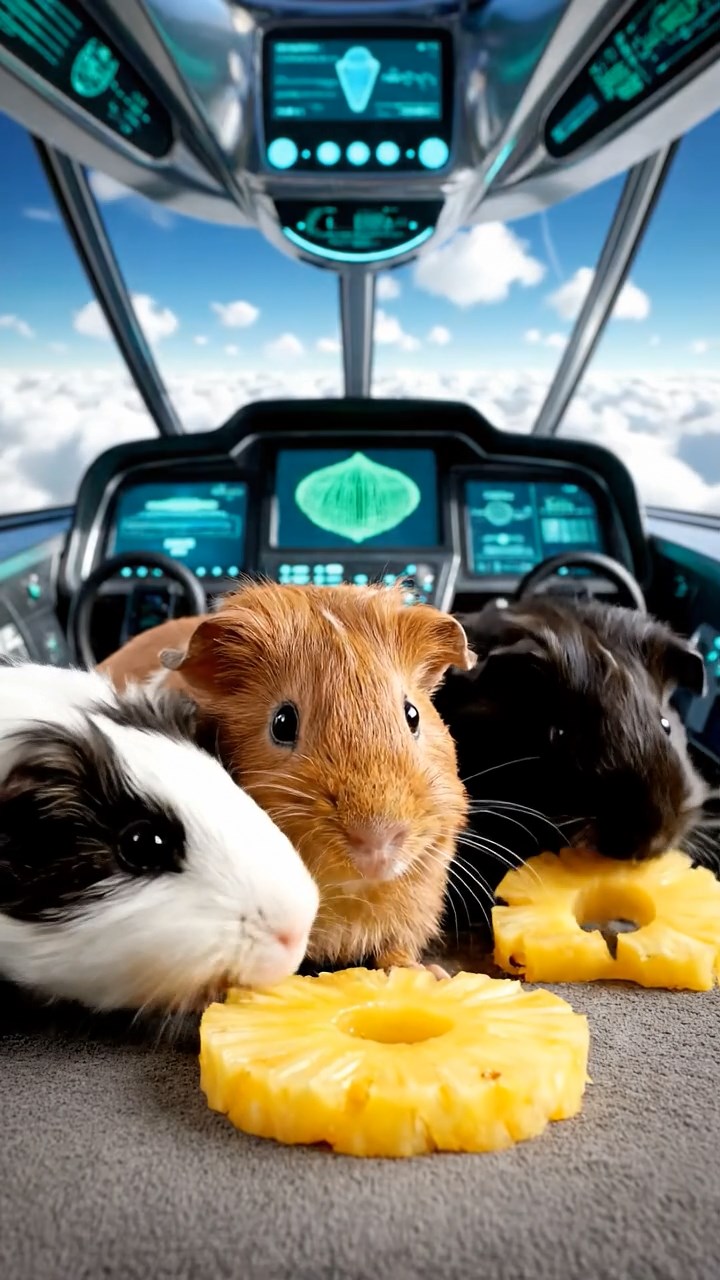 1368. Highly detailed view of 3 smooth-haired Coronet guinea pigs in cinnamon, sable, and white colors, munching on pineapple rings, inside a airborne vehicle cockpit over clouds.