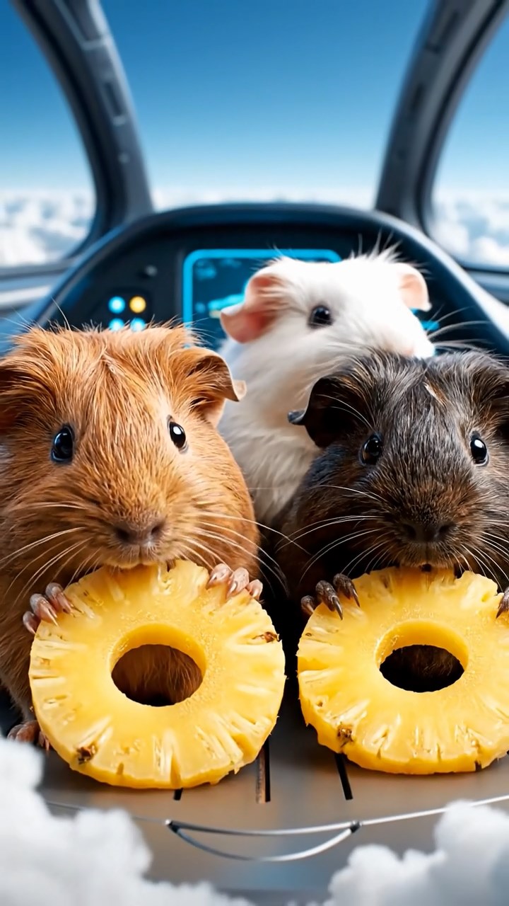 1368. Highly detailed view of 3 smooth-haired Coronet guinea pigs in cinnamon, sable, and white colors, munching on pineapple rings, inside a airborne vehicle cockpit over clouds.