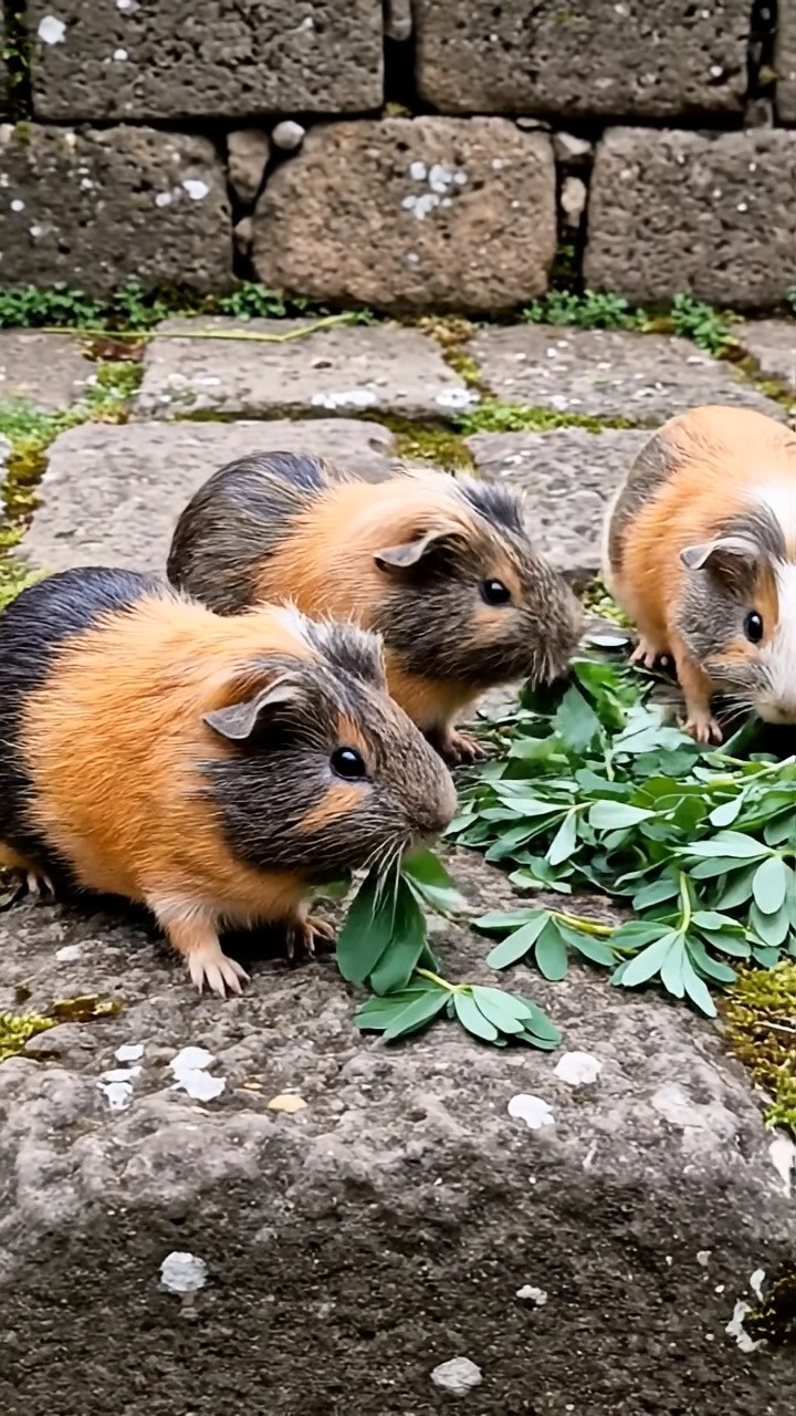 1369. Photorealistic image of 5 smooth-haired White Crested guinea pigs with orange, gray, and black fur, eating alfalfa leaves, on a lost Incan city stone platform.