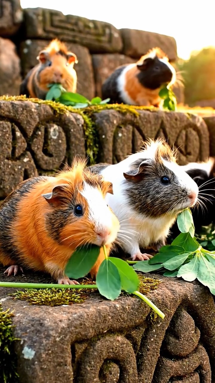 1369. Photorealistic image of 5 smooth-haired White Crested guinea pigs with orange, gray, and black fur, eating alfalfa leaves, on a lost Incan city stone platform.