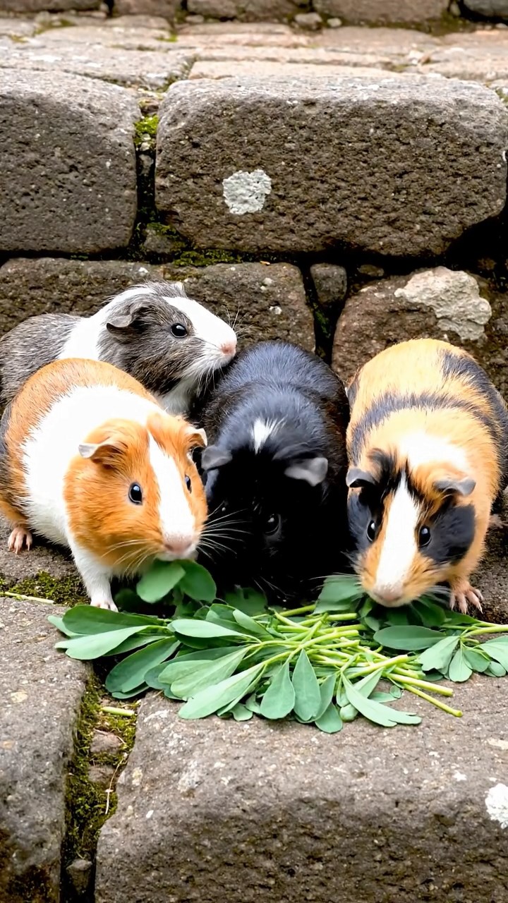 1369. Photorealistic image of 5 smooth-haired White Crested guinea pigs with orange, gray, and black fur, eating alfalfa leaves, on a lost Incan city stone platform.